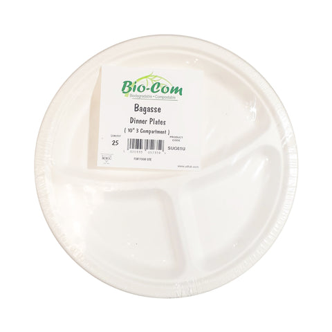 BIO-COM BAGASSE DINNER PLATE (10'' 3 COM) Pack of 25